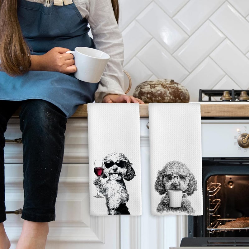 Mcehtle Funny Cockapoo Dog Kitchen Towels Set of 2, Funny Kitchen Coffee Station Wine Bar Decor, Black and White Dog Owner Hand Towel, Humor Housewarming Gift Dining Room Tea Towels 16x24 Inch - Image 3